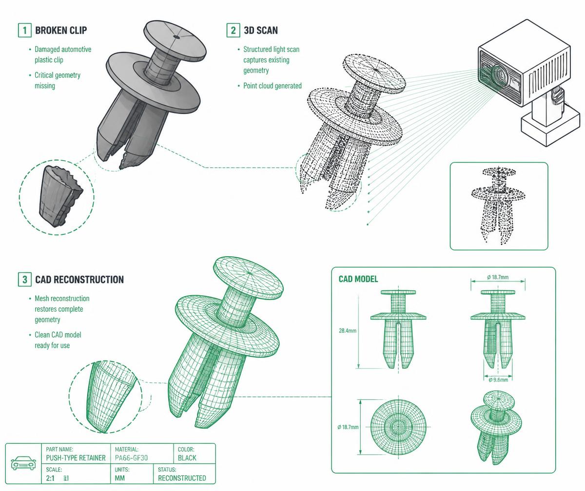 Ilustração técnica de engenharia reversa: peça quebrada escaneada e reconstruída em CAD